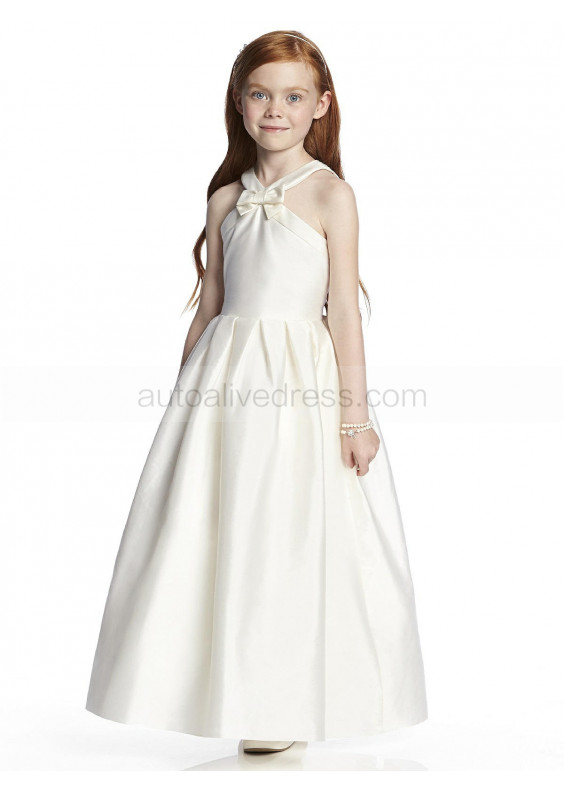 Sweet Ivory Pleated Satin Junior Bridesmaid Dress With Side Pockets